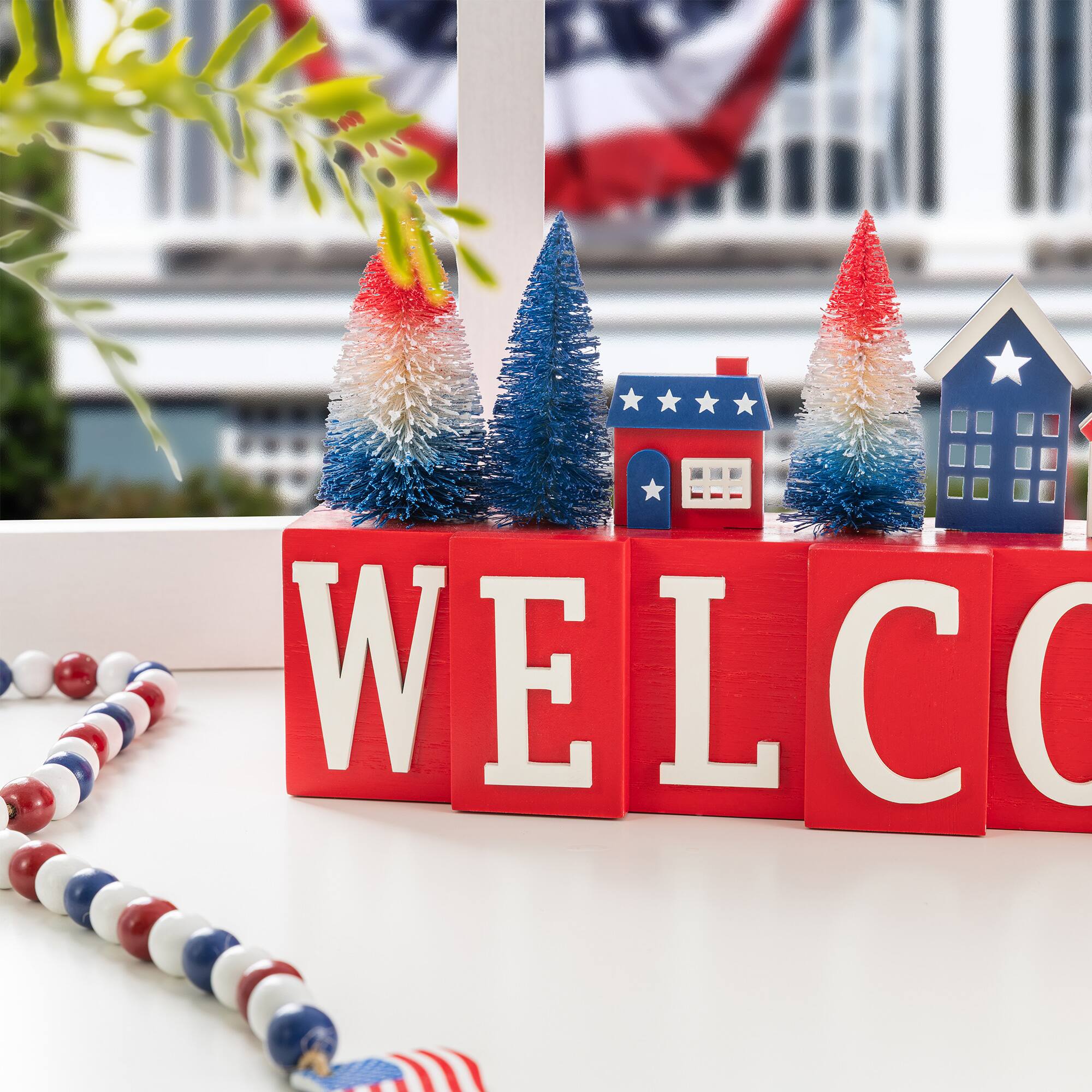 Glitzhome® 14" Patriotic Americana Wooden House & Brush Trees Table Decor